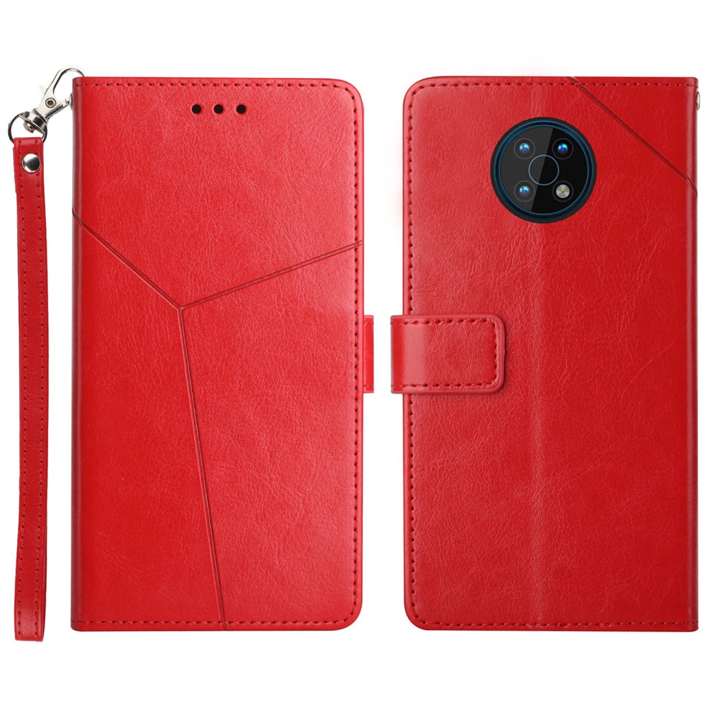 Supporting Stand Wallet Imprinted Y-shaped Lines Magnetic TPU+PU Leather Mobile Phone Case Flip Phone Cover with Strap for Nokia G50 - Red-1