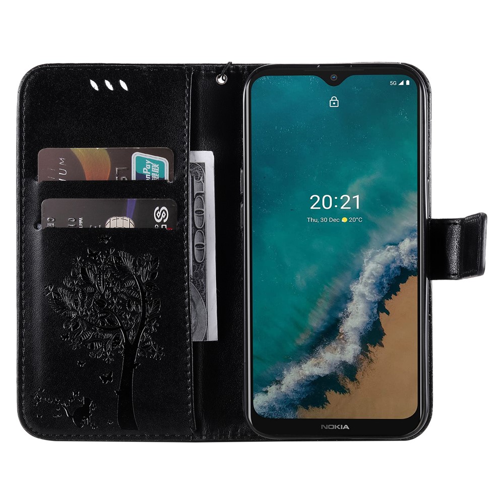 Cat Tree Pattern Imprinted PU Leather Wallet Phone Case TPU Shockproof Flip Stand Cover with Strap for Nokia G50 - Black-7