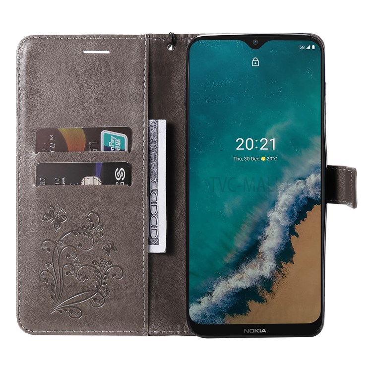 Imprinted Butterfly Pattern PU Leather Magnetic Flip Cover Stand Wallet Phone Case with Strap for Nokia G50 - Grey-5