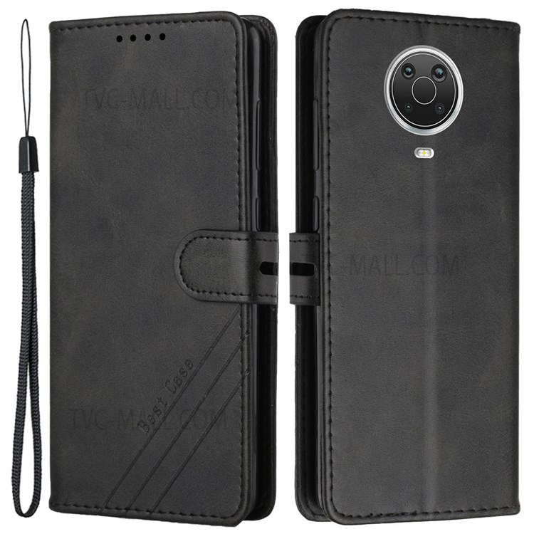 Solid Color PU Leather Folio Flip Cover Stand Book Design Wallet Phone Case with Strap for Nokia G10 / G20 / G30 - Black-1