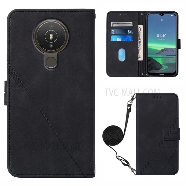 PB2-1 Series Scratch-proof PU Leather Phone Case Imprinted Phone Protective Cover with Wallet Shoulder Strap for Nokia 1.4 - Black-1