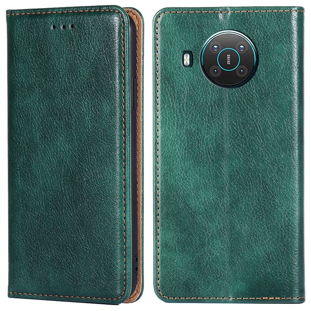 Solid Color PU Leather Wallet Phone Case Stand Magnetic Auto-absorbed Shockproof Flip Cover for Nokia X10/X20 - Green-1