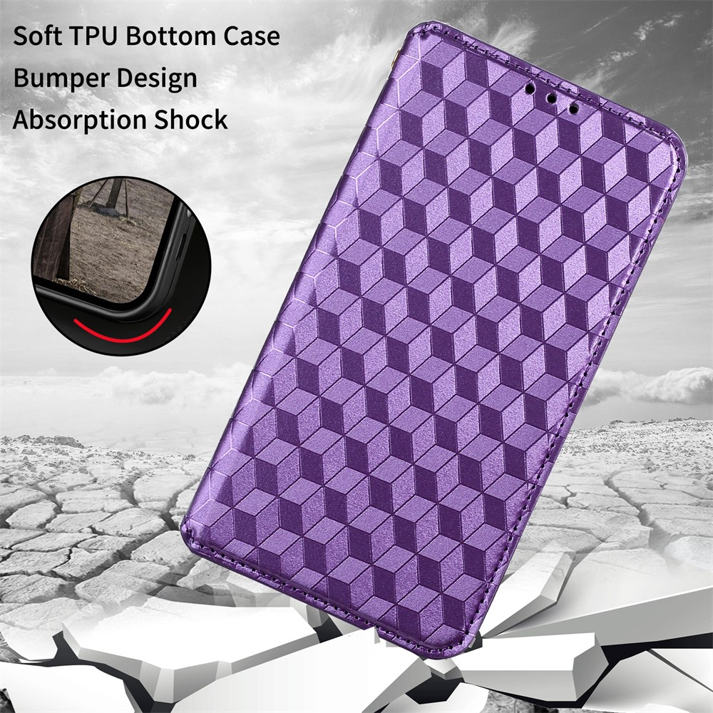 For Nokia XR20 Shockproof PU Leather Phone Cover Stand Rhombus Imprinted Magnetic Absorption Wallet Flip Case - Purple-7