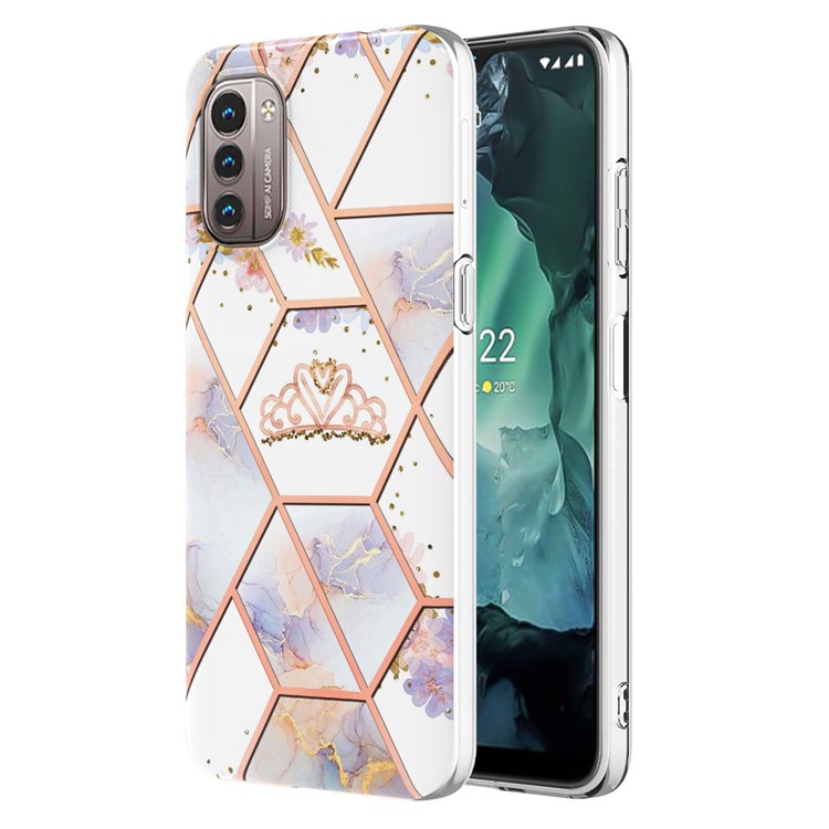 For Nokia G21/G11 YB IMD Series-1 Scratch-resistant Electroplating Case IMD Marble Floral Pattern Soft TPU Edge Protector - Crown-1