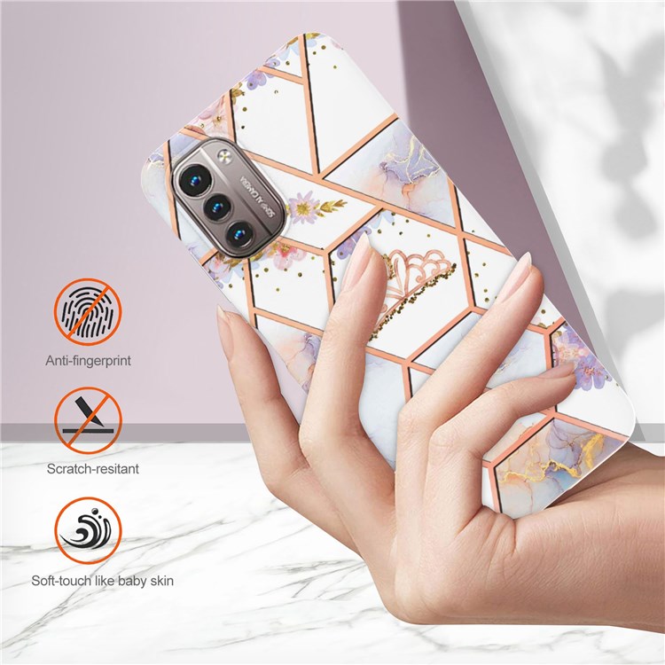 For Nokia G21/G11 YB IMD Series-1 Scratch-resistant Electroplating Case IMD Marble Floral Pattern Soft TPU Edge Protector - Crown-3