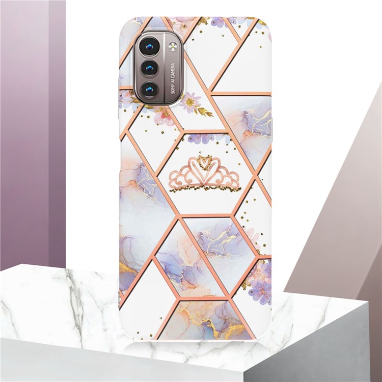 For Nokia G21/G11 YB IMD Series-1 Scratch-resistant Electroplating Case IMD Marble Floral Pattern Soft TPU Edge Protector - Crown-5