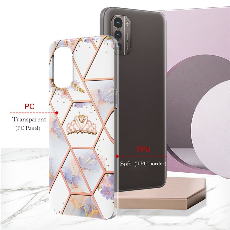 For Nokia G21/G11 YB IMD Series-1 Scratch-resistant Electroplating Case IMD Marble Floral Pattern Soft TPU Edge Protector - Crown-6