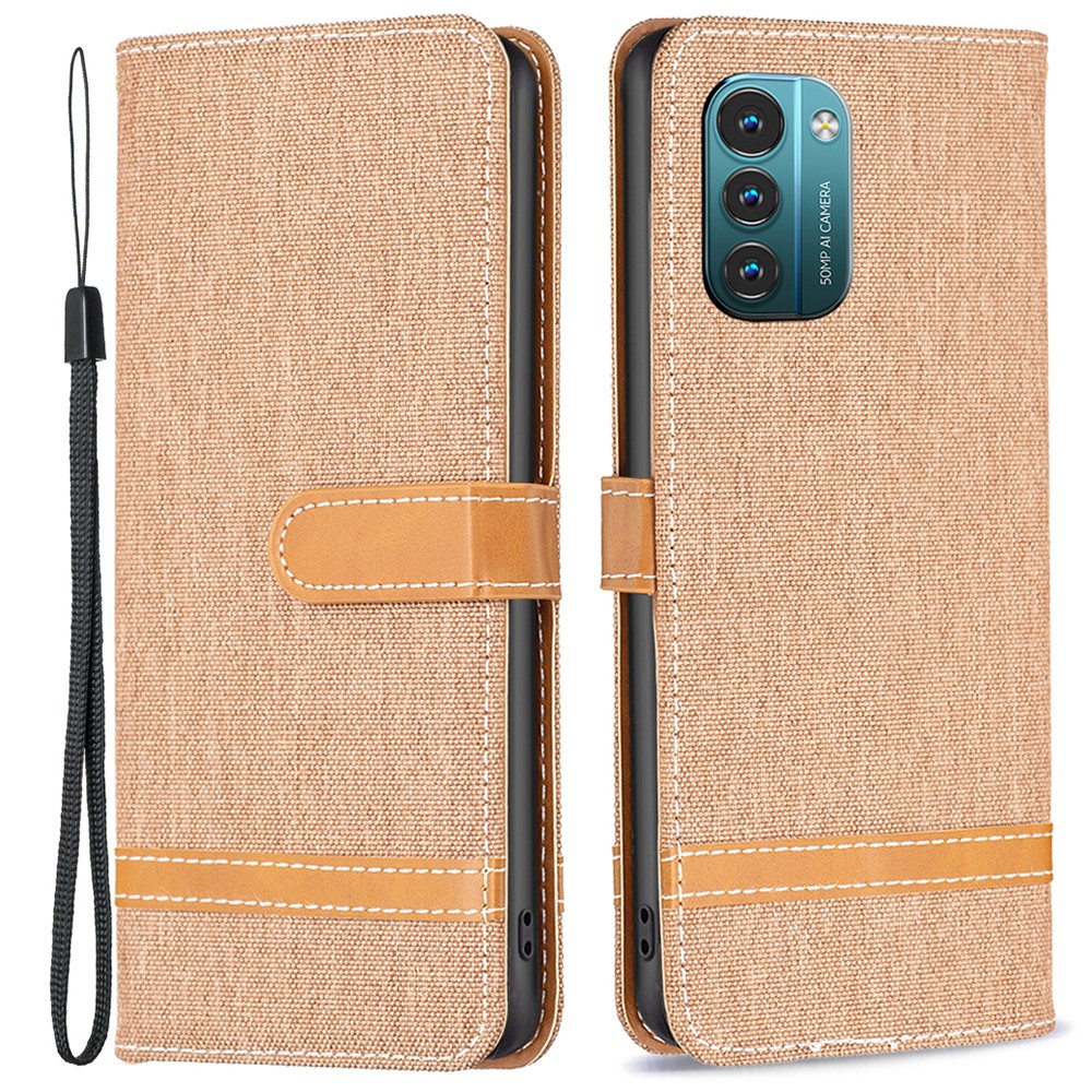 For Nokia G21/G11 BF Leather Series-2 Jeans Cloth Texture PU Leather Case Color Splicing Anti-scratch Wallet Style Stand Phone Cover - Brown-1