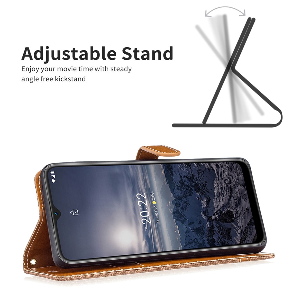 For Nokia G21/G11 BF Leather Series-2 Jeans Cloth Texture PU Leather Case Color Splicing Anti-scratch Wallet Style Stand Phone Cover - Brown-2