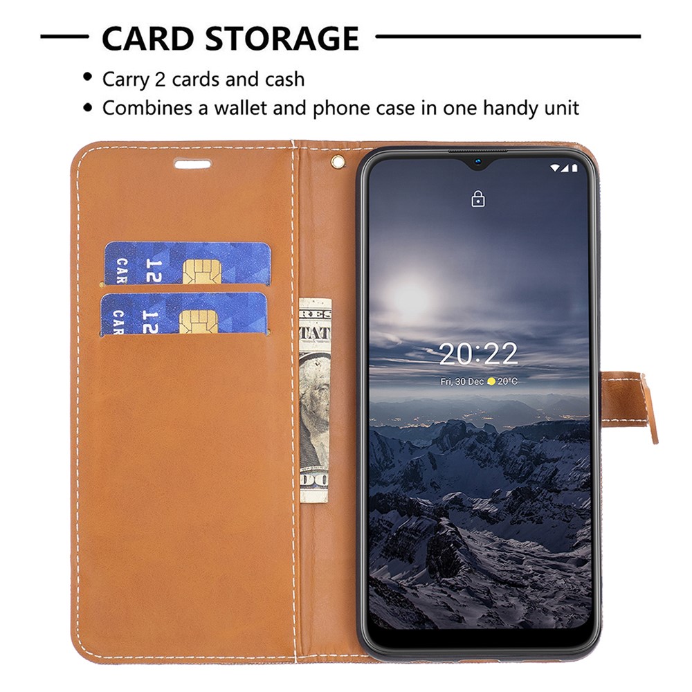 For Nokia G21/G11 BF Leather Series-2 Jeans Cloth Texture PU Leather Case Color Splicing Anti-scratch Wallet Style Stand Phone Cover - Brown-3