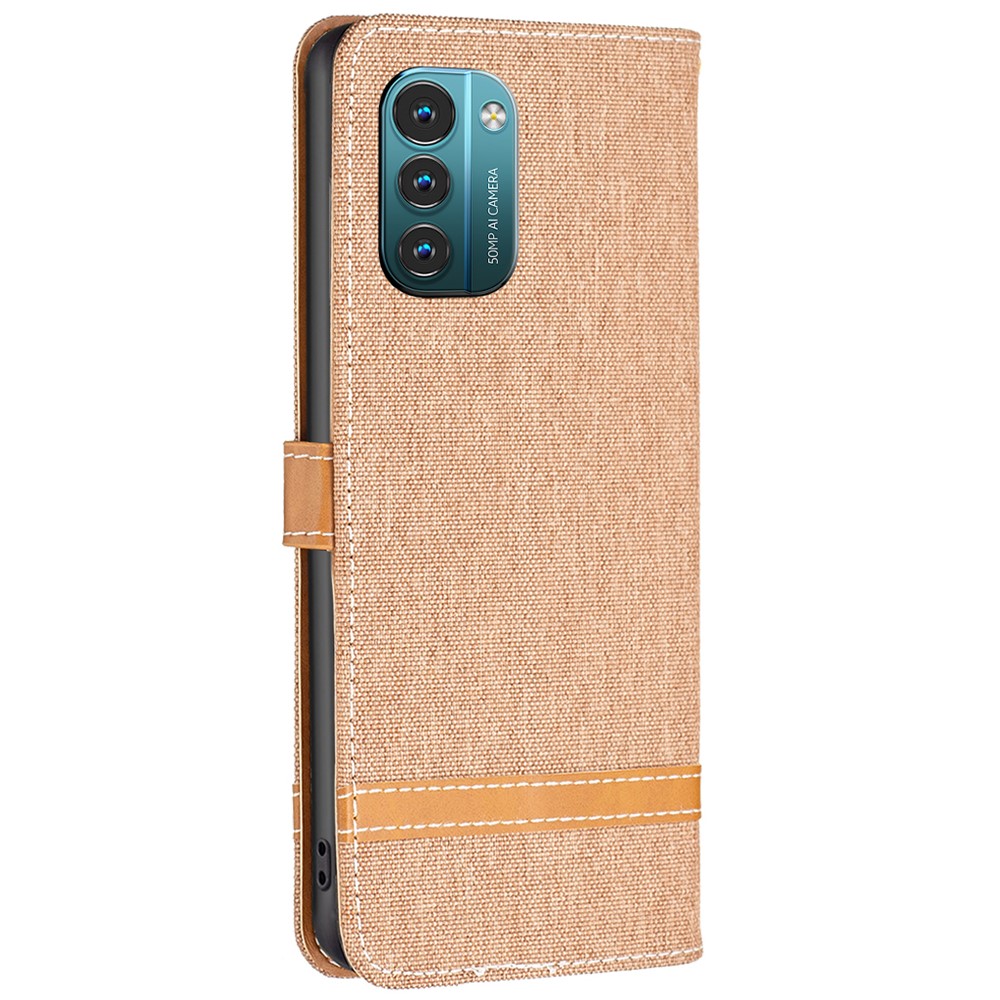 For Nokia G21/G11 BF Leather Series-2 Jeans Cloth Texture PU Leather Case Color Splicing Anti-scratch Wallet Style Stand Phone Cover - Brown-7