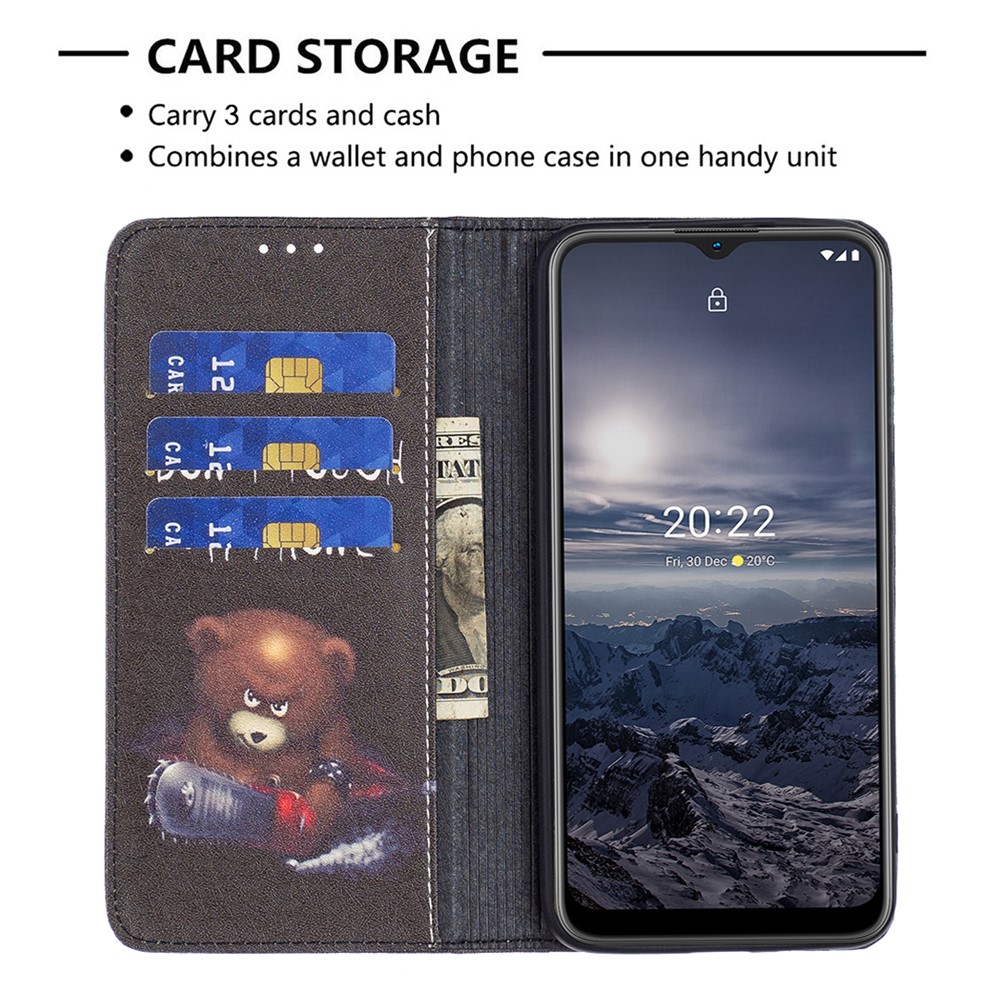 BINFEN COLOR BF Pattern Printing Leather Series-3 for Nokia G11/G21, Auto-Absorbed Foldable Stand Design Leather Phone Case with Wallet - Bear-3