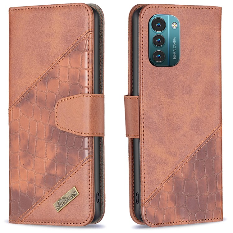 BINFEN COLOR BF Imprinting Pattern Series-3 for Nokia G11/G21, 04 Splicing Crocodile Texture Anti-drop PU Leather Wallet Mobile Phone Case with Stand - Brown-1