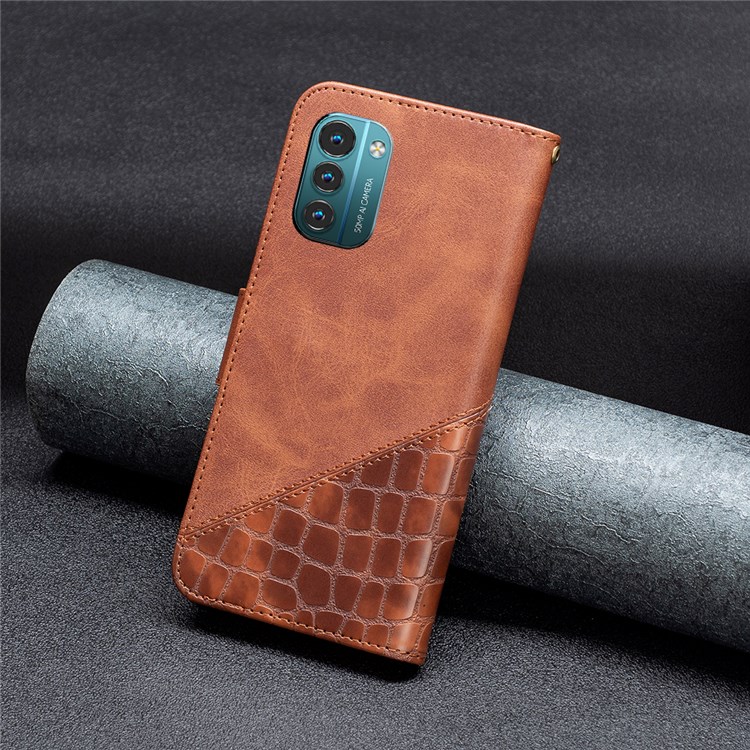 BINFEN COLOR BF Imprinting Pattern Series-3 for Nokia G11/G21, 04 Splicing Crocodile Texture Anti-drop PU Leather Wallet Mobile Phone Case with Stand - Brown-4