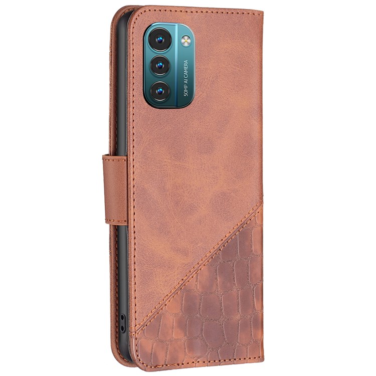 BINFEN COLOR BF Imprinting Pattern Series-3 for Nokia G11/G21, 04 Splicing Crocodile Texture Anti-drop PU Leather Wallet Mobile Phone Case with Stand - Brown-7