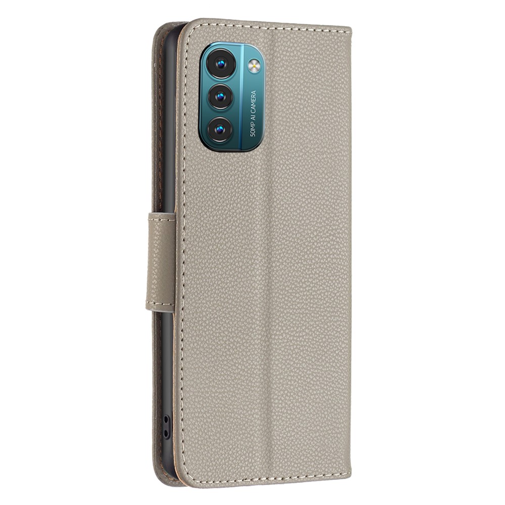 BF Leather Case Series-3 for Nokia G11/G21 Cell Phone Case Litchi Texture PU Leather Cover Wallet Well-protected Phone Shell with Stand - Grey-7