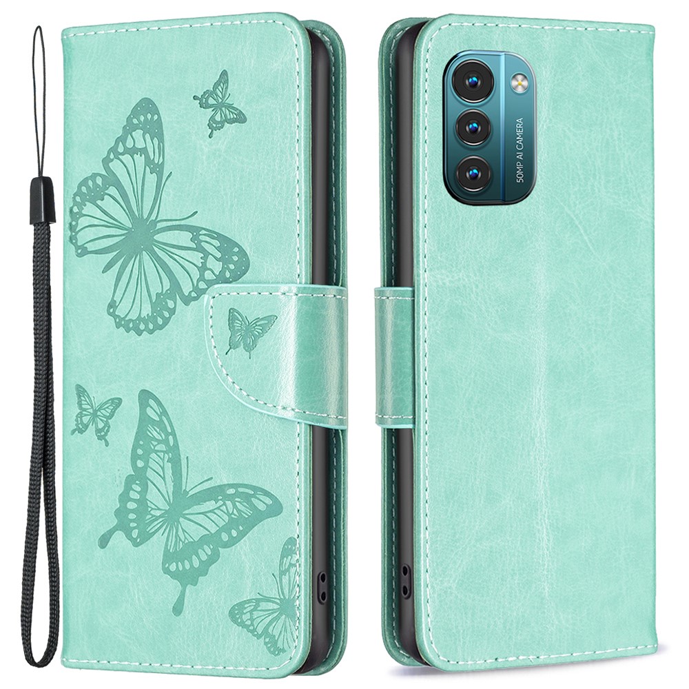 For Nokia G11/G21 BF Imprinting Pattern Series-4 Butterflies Imprinted Stand Case Full Protection Wallet Style Leather Shell - Green-1