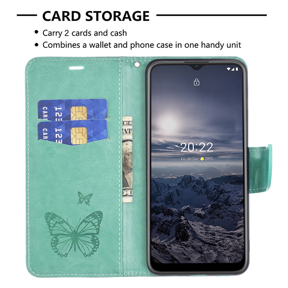 For Nokia G11/G21 BF Imprinting Pattern Series-4 Butterflies Imprinted Stand Case Full Protection Wallet Style Leather Shell - Green-3