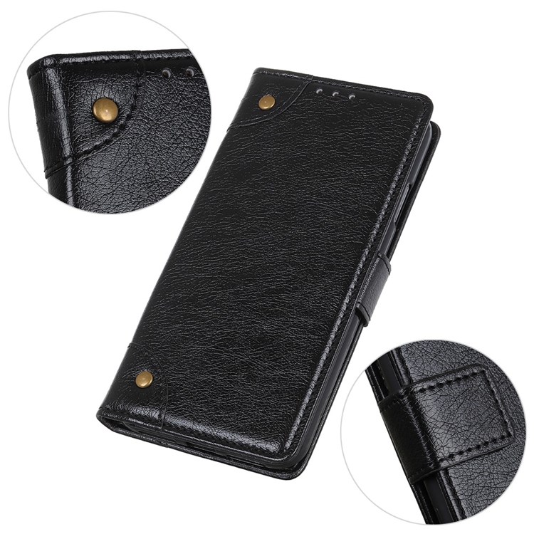 For Nokia X100 Nappa Texture Folio PU Leather Flip Cover Stand Wallet Protector Brass Button Decor Phone Case - Black-5