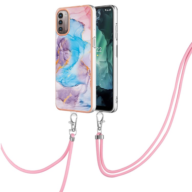 YB IMD Series-4 Electroplating Frame Phone Case for Nokia G21/G11, IMD IML Marble Flower Pattern TPU Shell with Lanyard - Milky Way Marble Blue-1
