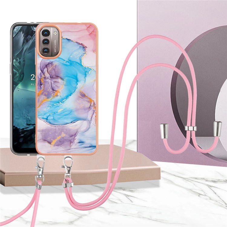 YB IMD Series-4 Electroplating Frame Phone Case for Nokia G21/G11, IMD IML Marble Flower Pattern TPU Shell with Lanyard - Milky Way Marble Blue-2