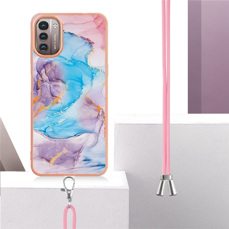 YB IMD Series-4 Electroplating Frame Phone Case for Nokia G21/G11, IMD IML Marble Flower Pattern TPU Shell with Lanyard - Milky Way Marble Blue-3
