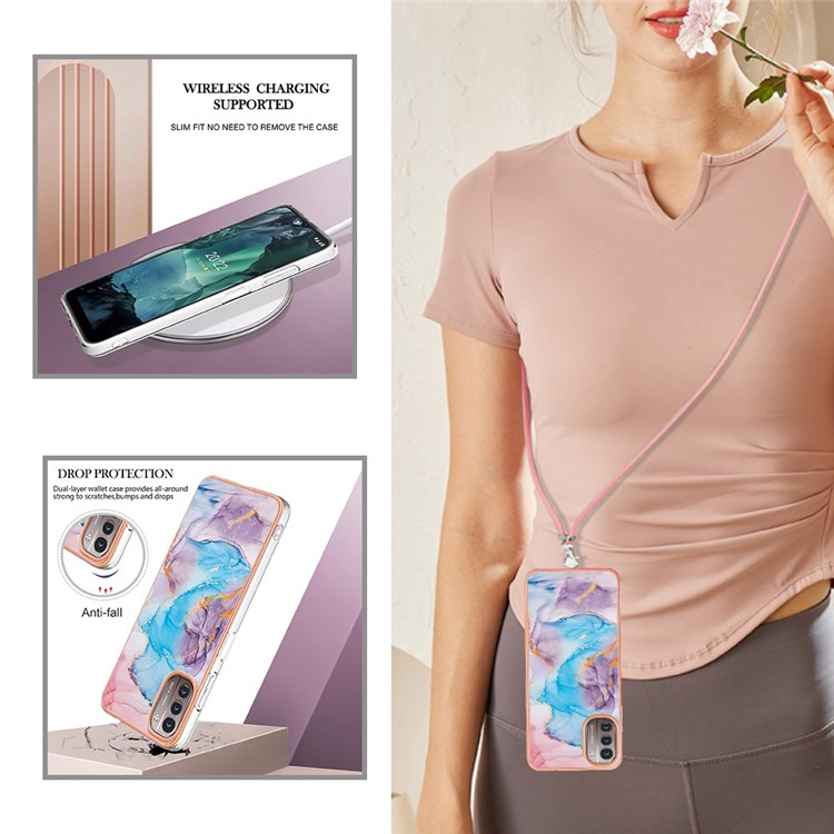 YB IMD Series-4 Electroplating Frame Phone Case for Nokia G21/G11, IMD IML Marble Flower Pattern TPU Shell with Lanyard - Milky Way Marble Blue-4