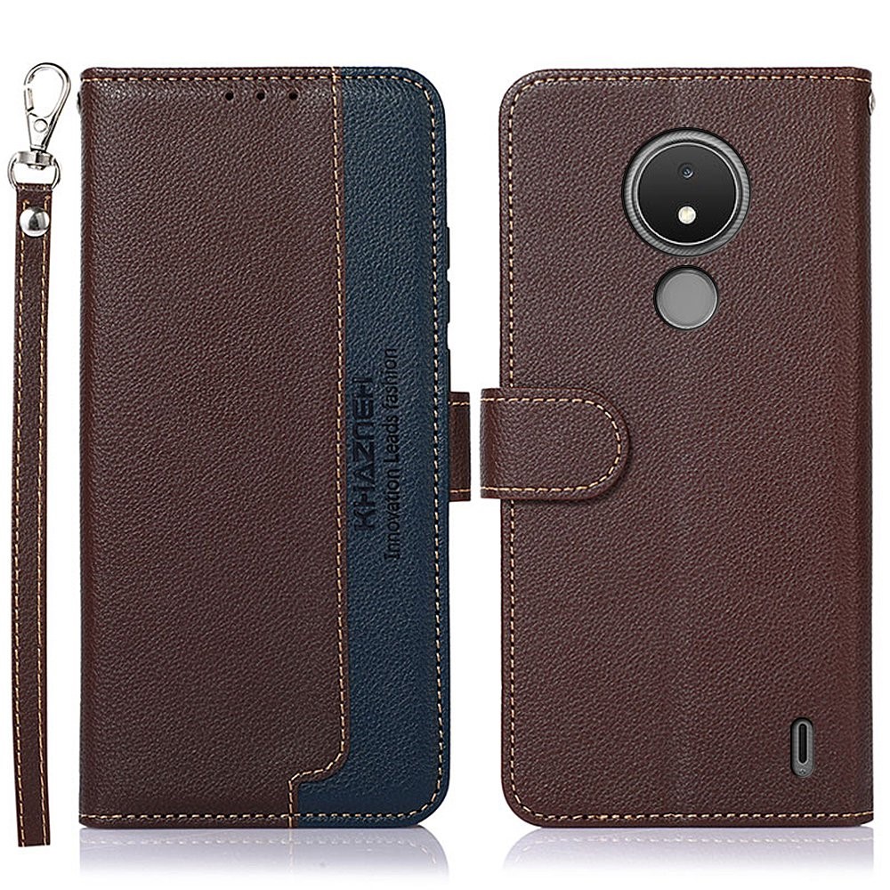 KHAZNEH for Nokia C21 RFID Blocking Protection Wallet Case Litchi Texture Leather Stand Book Folding Folio Cover with Wrist Strap - Brown-1