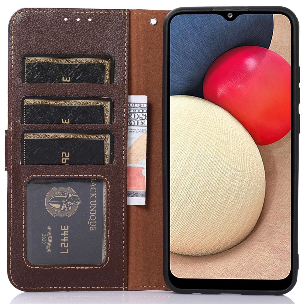KHAZNEH for Nokia C21 RFID Blocking Protection Wallet Case Litchi Texture Leather Stand Book Folding Folio Cover with Wrist Strap - Brown-3
