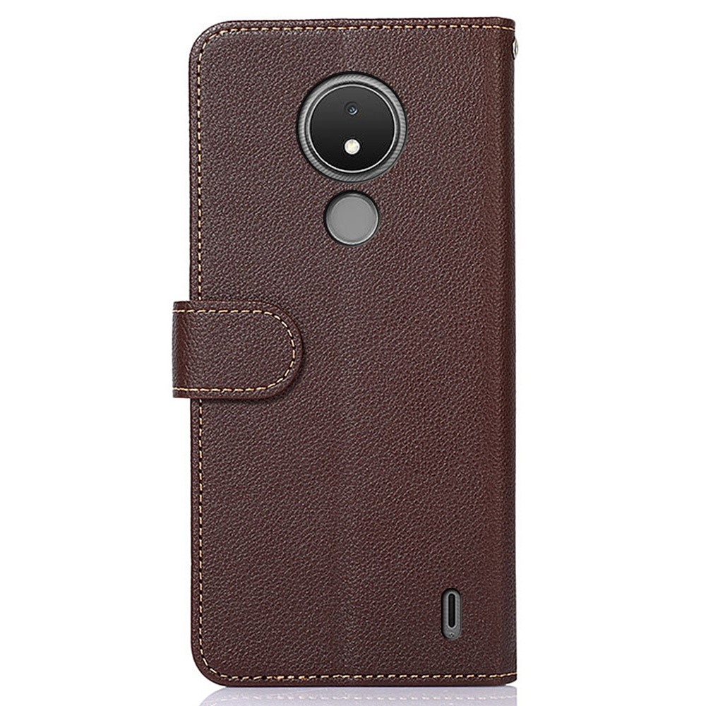 KHAZNEH for Nokia C21 RFID Blocking Protection Wallet Case Litchi Texture Leather Stand Book Folding Folio Cover with Wrist Strap - Brown-7