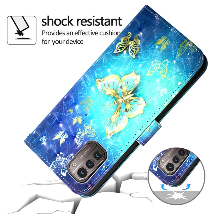 For Nokia G21/G11 YB Pattern Printing Leather Series-2 3D Pattern Dual-sided Magnetic Clasp PU Leather Case Wallet Stand Stylish Shell with Strap - Golden Butterflies-7