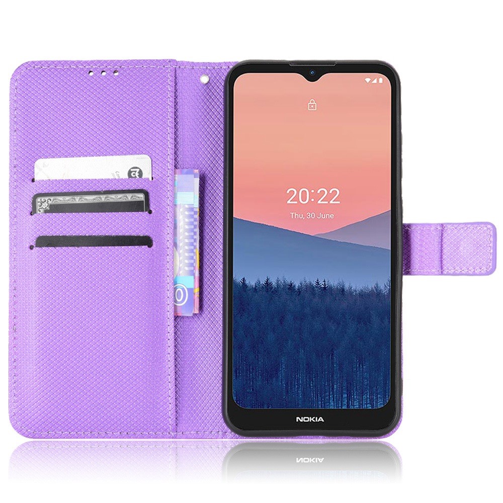 Diamond Texture Case for Nokia C21 4G, Stand Wallet Well-protected Anti-shock Leather Cell Phone Cover with Strap - Purple-2