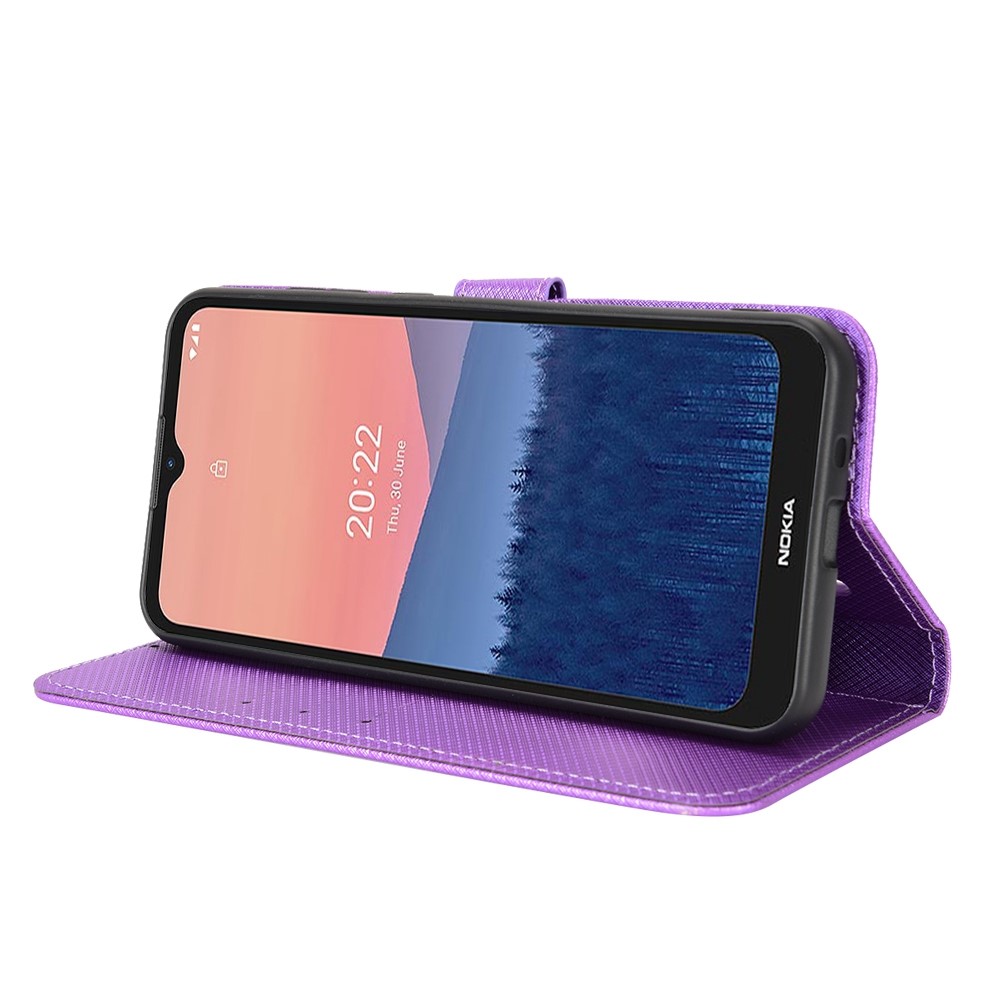 Diamond Texture Case for Nokia C21 4G, Stand Wallet Well-protected Anti-shock Leather Cell Phone Cover with Strap - Purple-3
