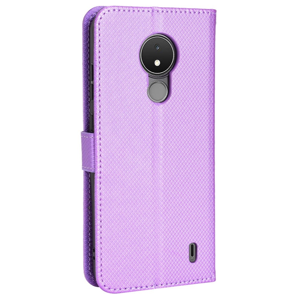 Diamond Texture Case for Nokia C21 4G, Stand Wallet Well-protected Anti-shock Leather Cell Phone Cover with Strap - Purple-7