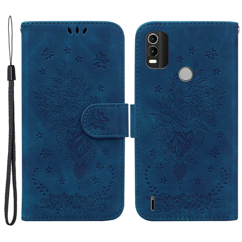 For Nokia C21 Plus All-round Shockproof Flip Folio Case Imprinting Roses Butterflies Phone Cover PU Leather Wallet Stand with Strap - Blue-1