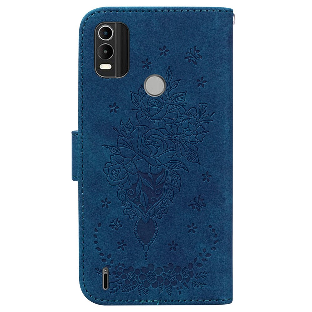 For Nokia C21 Plus All-round Shockproof Flip Folio Case Imprinting Roses Butterflies Phone Cover PU Leather Wallet Stand with Strap - Blue-8