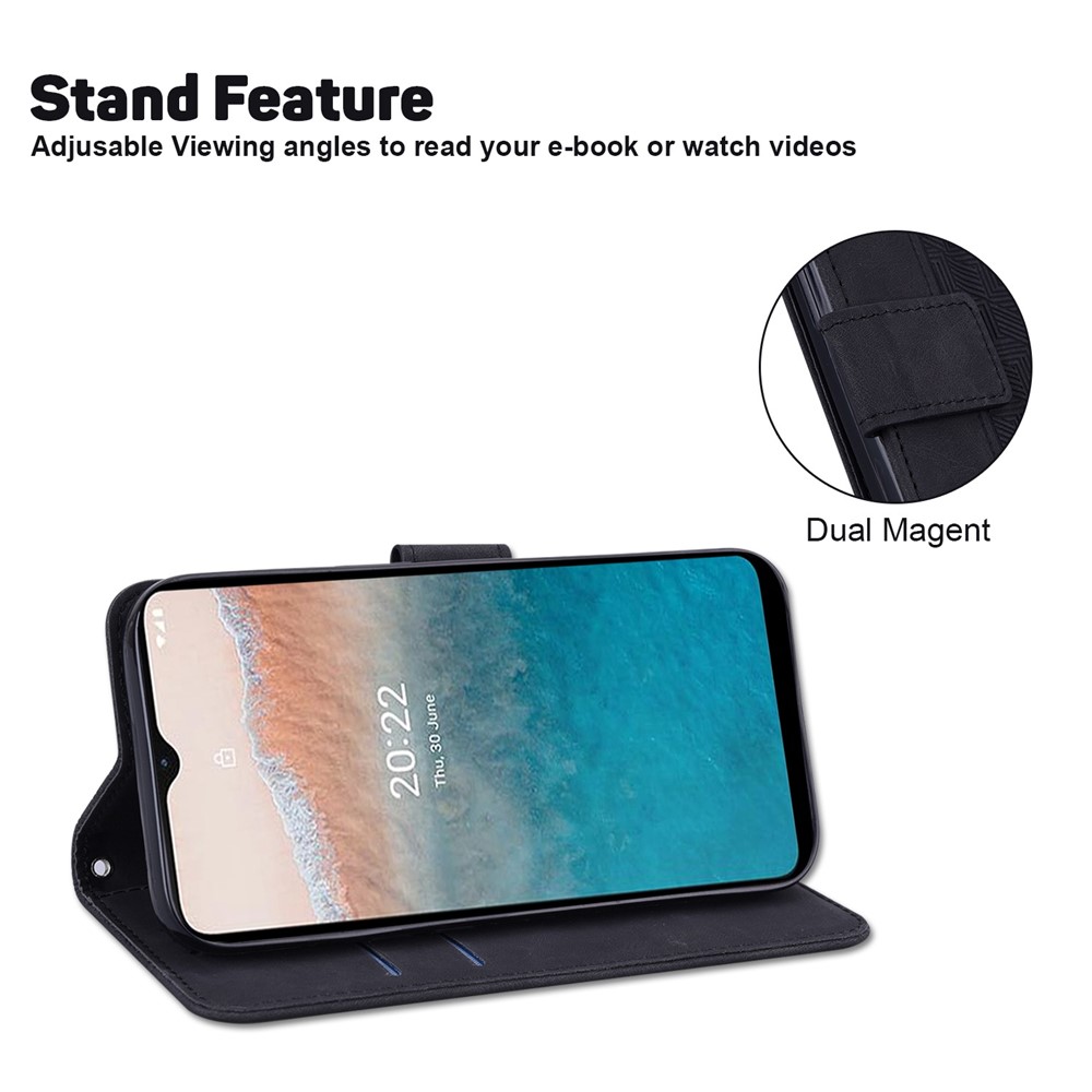 Geometry Pattern Imprinted PU Leather Case for Nokia C21 Plus, Stand Wallet Magnetic Closure Phone Cover with Strap - Black-2