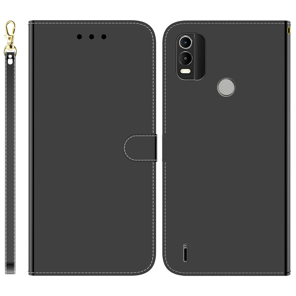 Mirror-like Surface Anti-scratch Leather Case for Nokia C21 Plus, Folio Flip Stand Wallet Phone Cover with Strap - Black-1