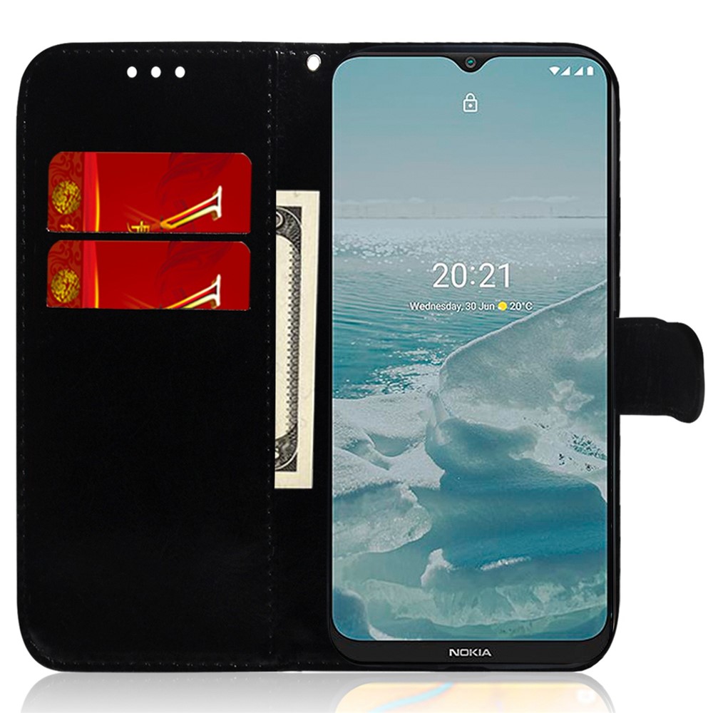 Mirror-like Surface Anti-scratch Leather Case for Nokia C21 Plus, Folio Flip Stand Wallet Phone Cover with Strap - Black-2