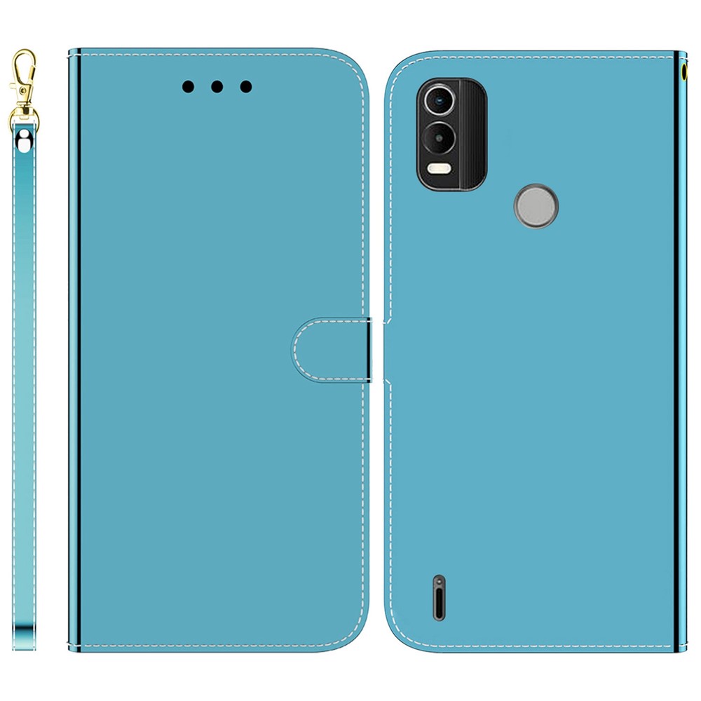 Mirror-like Surface Anti-scratch Leather Case for Nokia C21 Plus, Folio Flip Stand Wallet Phone Cover with Strap - Blue-1