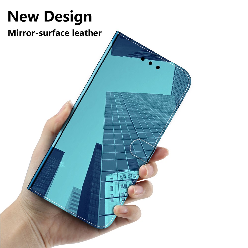 Mirror-like Surface Anti-scratch Leather Case for Nokia C21 Plus, Folio Flip Stand Wallet Phone Cover with Strap - Blue-5