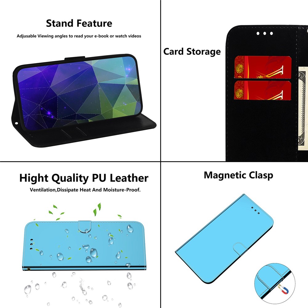 Mirror-like Surface Anti-scratch Leather Case for Nokia C21 Plus, Folio Flip Stand Wallet Phone Cover with Strap - Blue-6