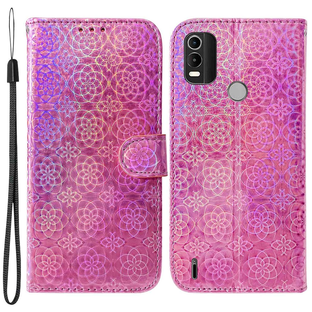 For Nokia C21 Plus Dazzling Flower Pattern Shockproof Phone Cover Magnetic PU Leather + TPU Flip Case with Stand Card Holder Anti-fall Phone Shell - Pink-1
