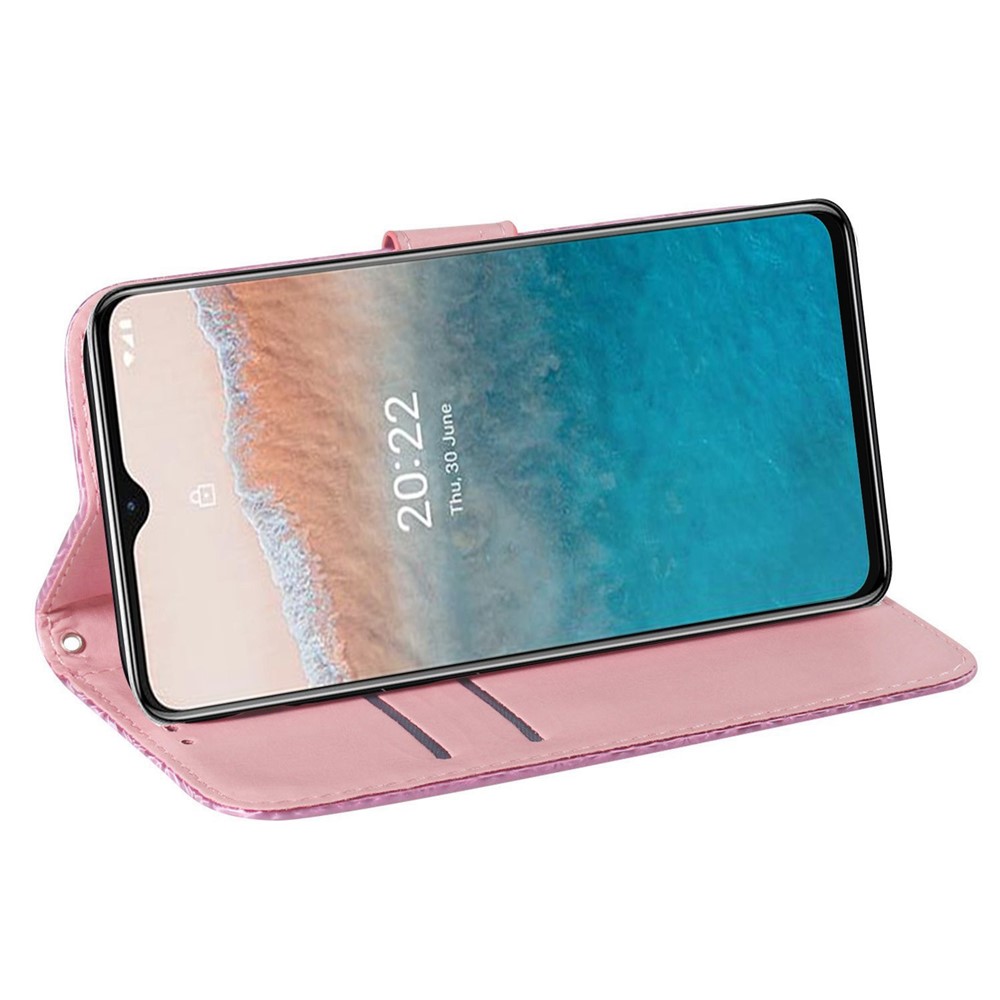 For Nokia C21 Plus Dazzling Flower Pattern Shockproof Phone Cover Magnetic PU Leather + TPU Flip Case with Stand Card Holder Anti-fall Phone Shell - Pink-2