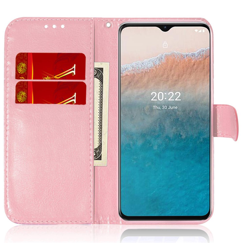 For Nokia C21 Plus Dazzling Flower Pattern Shockproof Phone Cover Magnetic PU Leather + TPU Flip Case with Stand Card Holder Anti-fall Phone Shell - Pink-3