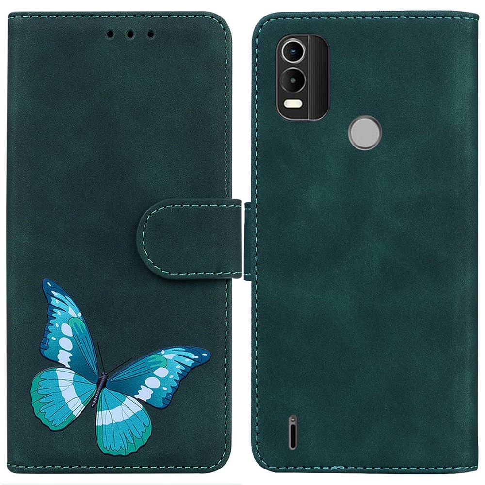 For Nokia C21 Plus Skin-touch PU Leather Anti-scratch Flip Case Stand Butterfly Pattern Printing Wallet Phone Protective Cover - Green-1