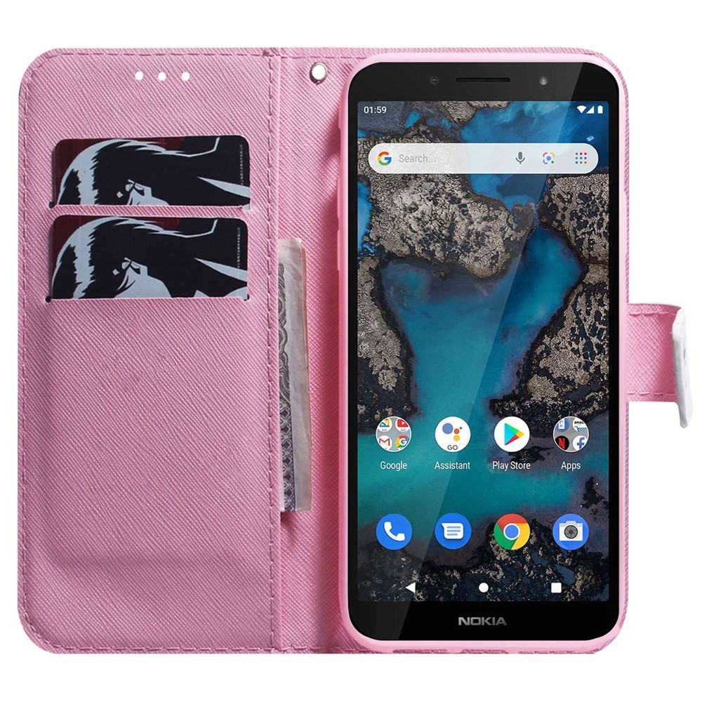 Pattern Printing Wallet Stand Case for Nokia C21 Plus, Full Protection PU Leather Folio Flip Cover with Strap - Pink Flower-2
