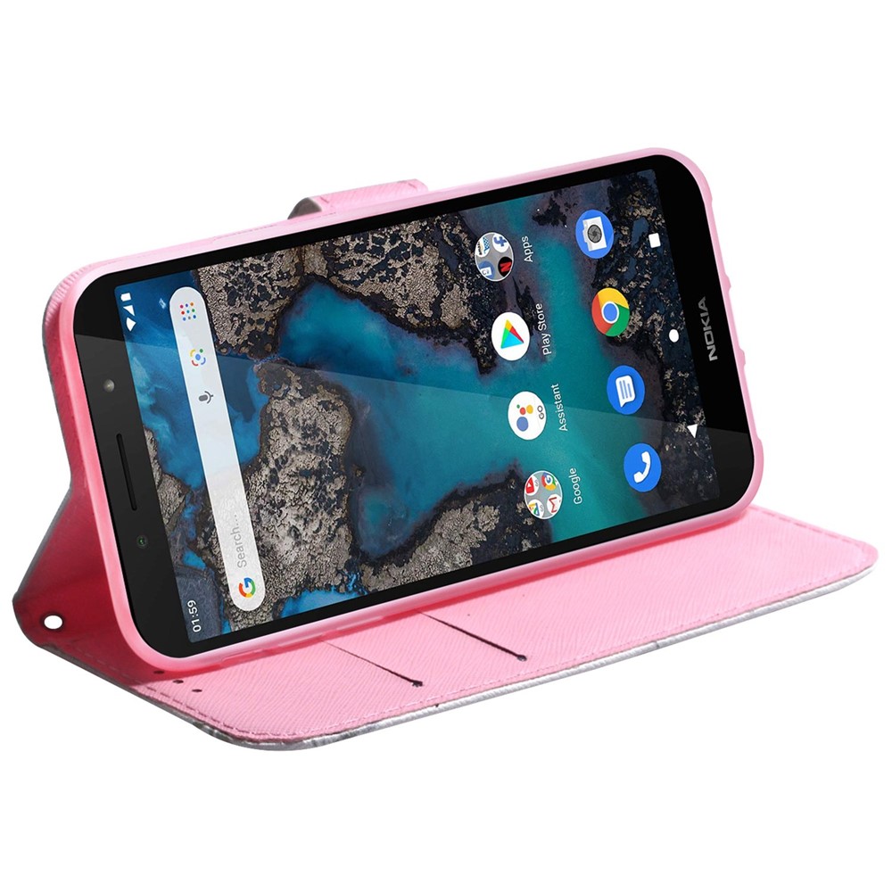 Pattern Printing Wallet Stand Case for Nokia C21 Plus, Full Protection PU Leather Folio Flip Cover with Strap - Pink Flower-3