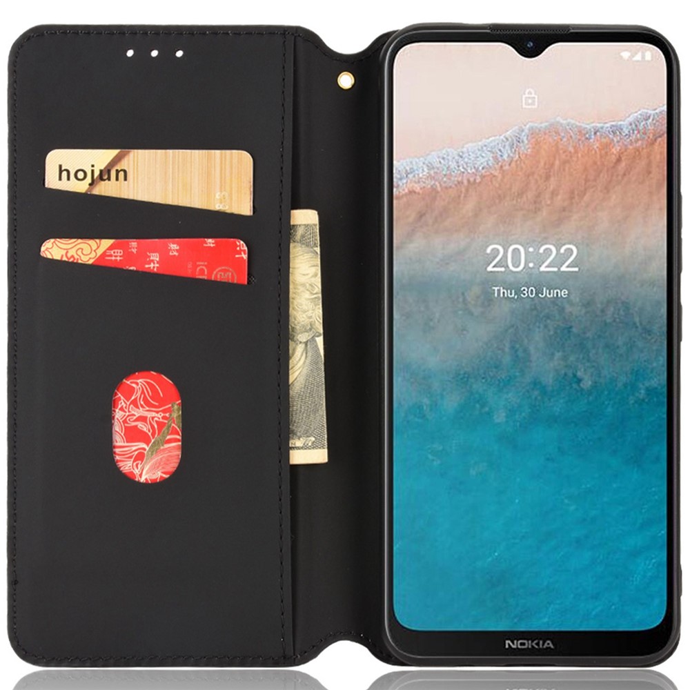 Rhombus Pattern Imprinted Stand Case for Nokia C21 Plus, PU Leather + TPU Wallet Magnetic Absorption Phone Cover - Black-2