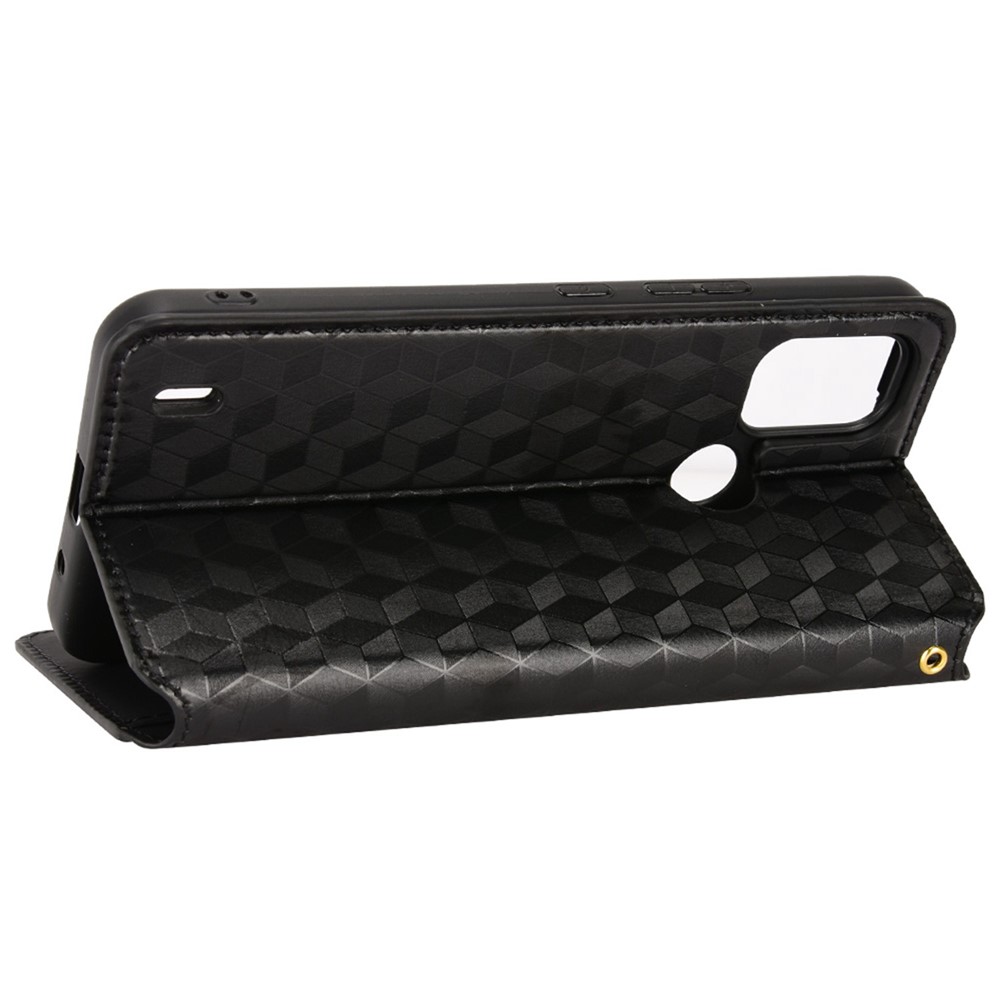 Rhombus Pattern Imprinted Stand Case for Nokia C21 Plus, PU Leather + TPU Wallet Magnetic Absorption Phone Cover - Black-3